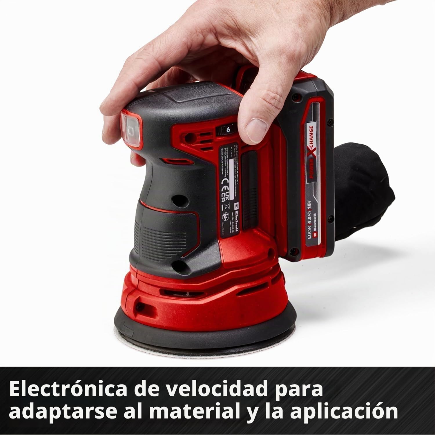 Einhell Lijadora orbital aleatoria inalámbrica TE-RS 18 Li-Solo Power X-Change (ión-litio, electrónica de velocidad, cierre de gancho y bucle, incl. 1x lija P80, sin batería ni cargador)