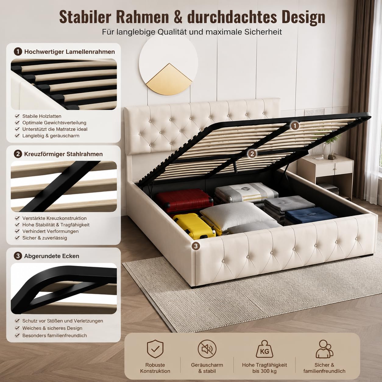 Letto imbottito140x200cm, letto matrimoniale con contenitore idraulico e testiera regolabile, Moderno Letto una piazza e mezza con vano portaoggetti, senza materasso