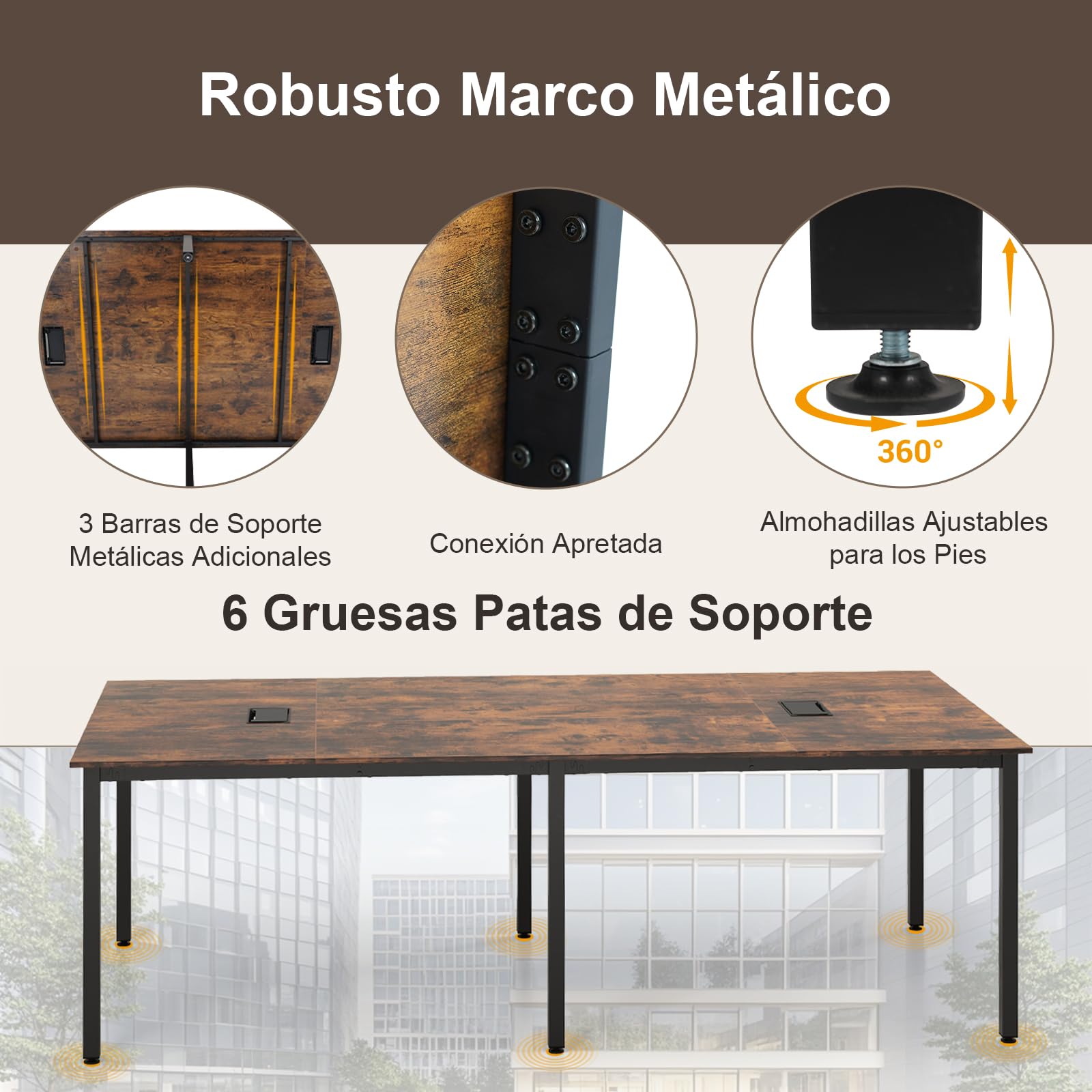 GYMAX Mesa de Conferencias, Ordenador de Oficina con 2 Pasacables, Escritorio Rectangular de 240 x 120 cm con Marco Metálico Resistente, Mesa Moderna para Seminarios para Sala de Reuniones