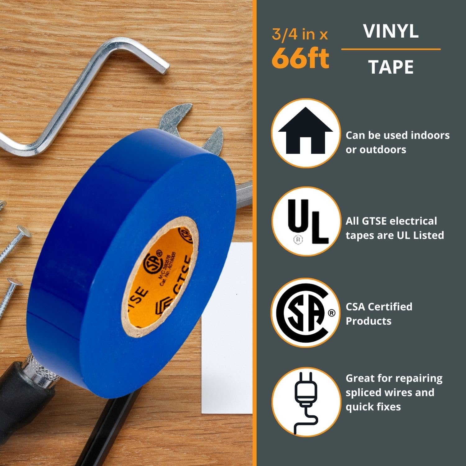 GTSE Nastro elettrico blu, 10 rotoli, impermeabile, in vinile di grado industriale, 1,9 cm x 1,9 m, nastro elettrico autoadesivo in PVC per isolamento dei fili, 7 mil, 600 V - UL/CSA