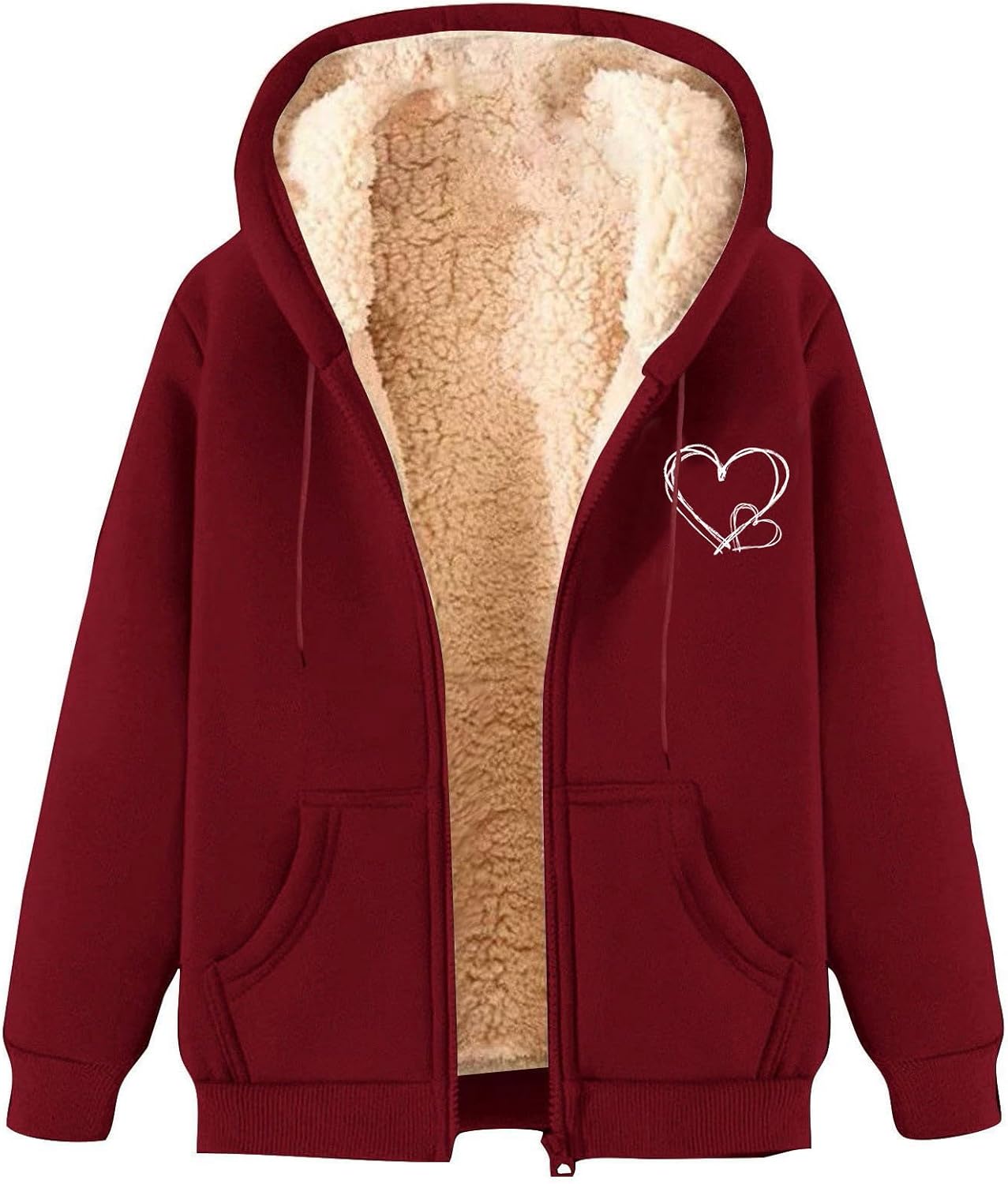 Womens Fleece Lined Zip Up Hoodie Thermal Warm Sherpa Pullover Sweatshirts Love Heart Print Sweaters Cute Tops
