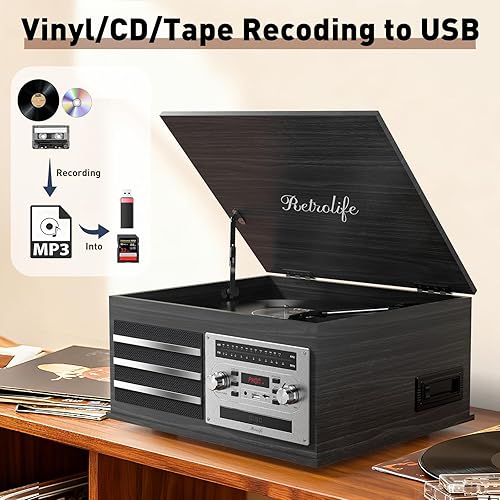 Miniatura 7 de Serenade - Reproductor de discos de vinilo 10 en 1, tocadiscos integrados para vinilos, discos LP, fonógrafo, transmisión por correa, soporte de 3