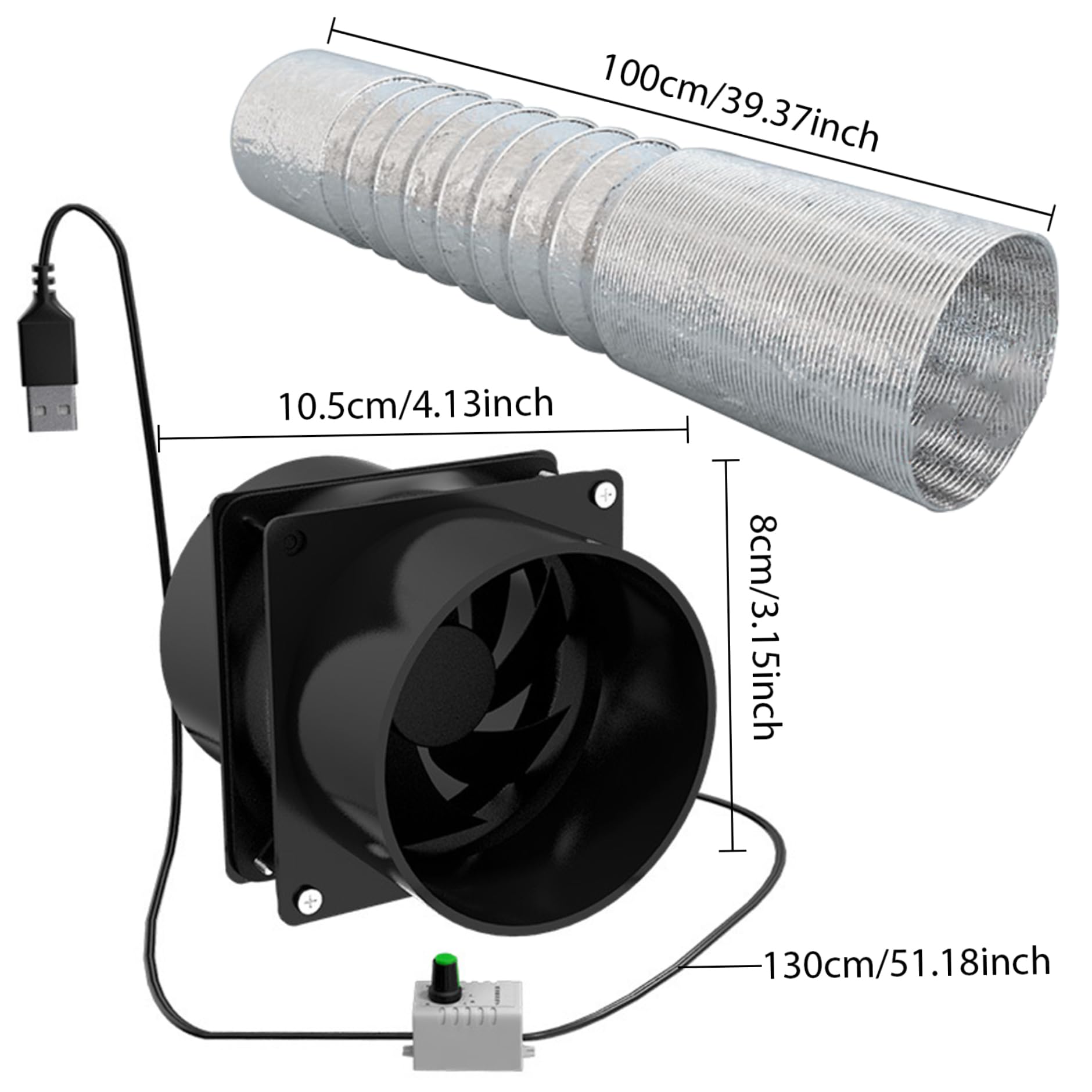 Extractor de aire portátil con manguera de conducto de 3.3 ft ventilador de ventilación ajustable USB potente ventilador de escape de motor sin escobillas de 5 V 2 A para cocina y baño