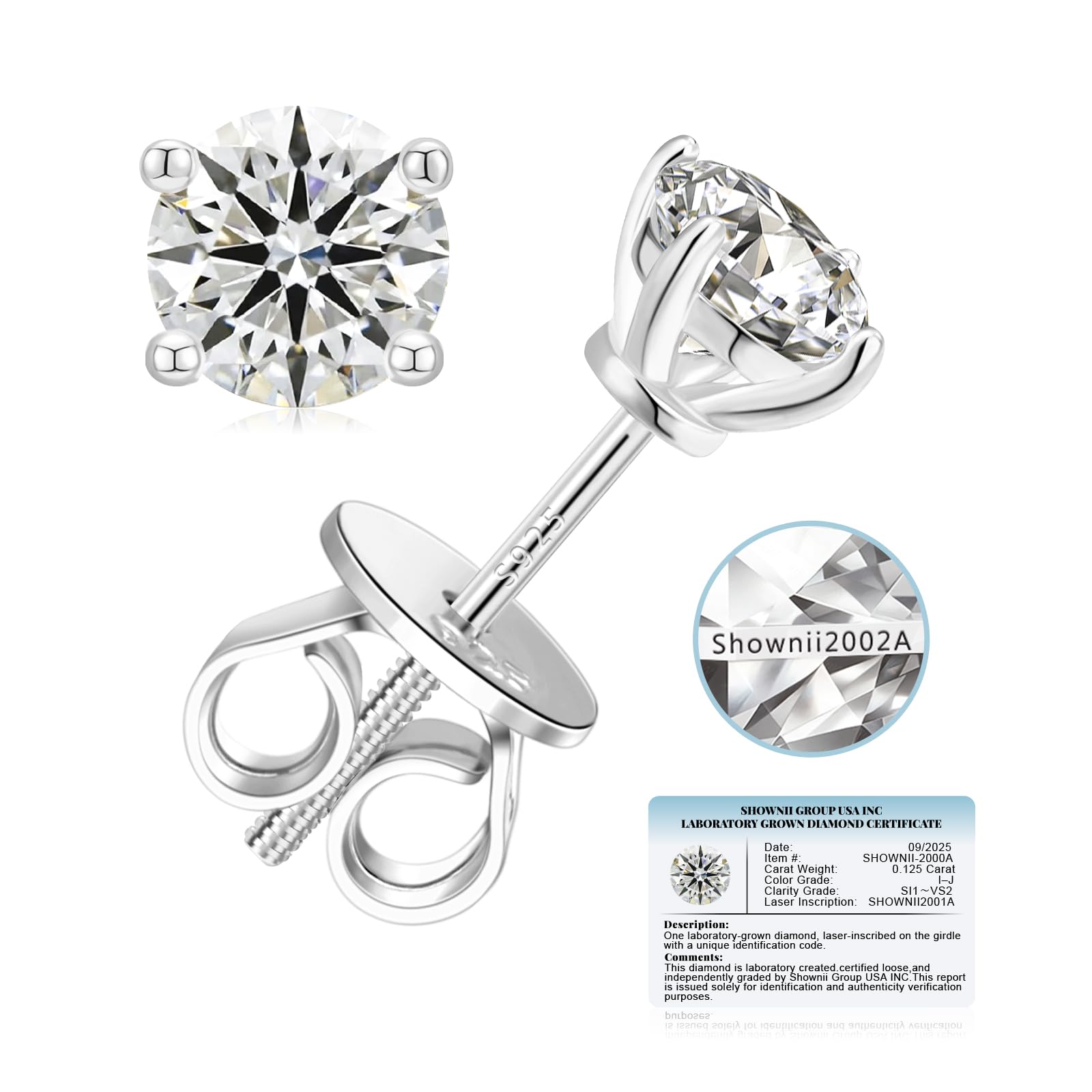 SHOWNII LAB GROWN Diamond Stud Earrings for Women 0.25CT - 2CT Screw Back