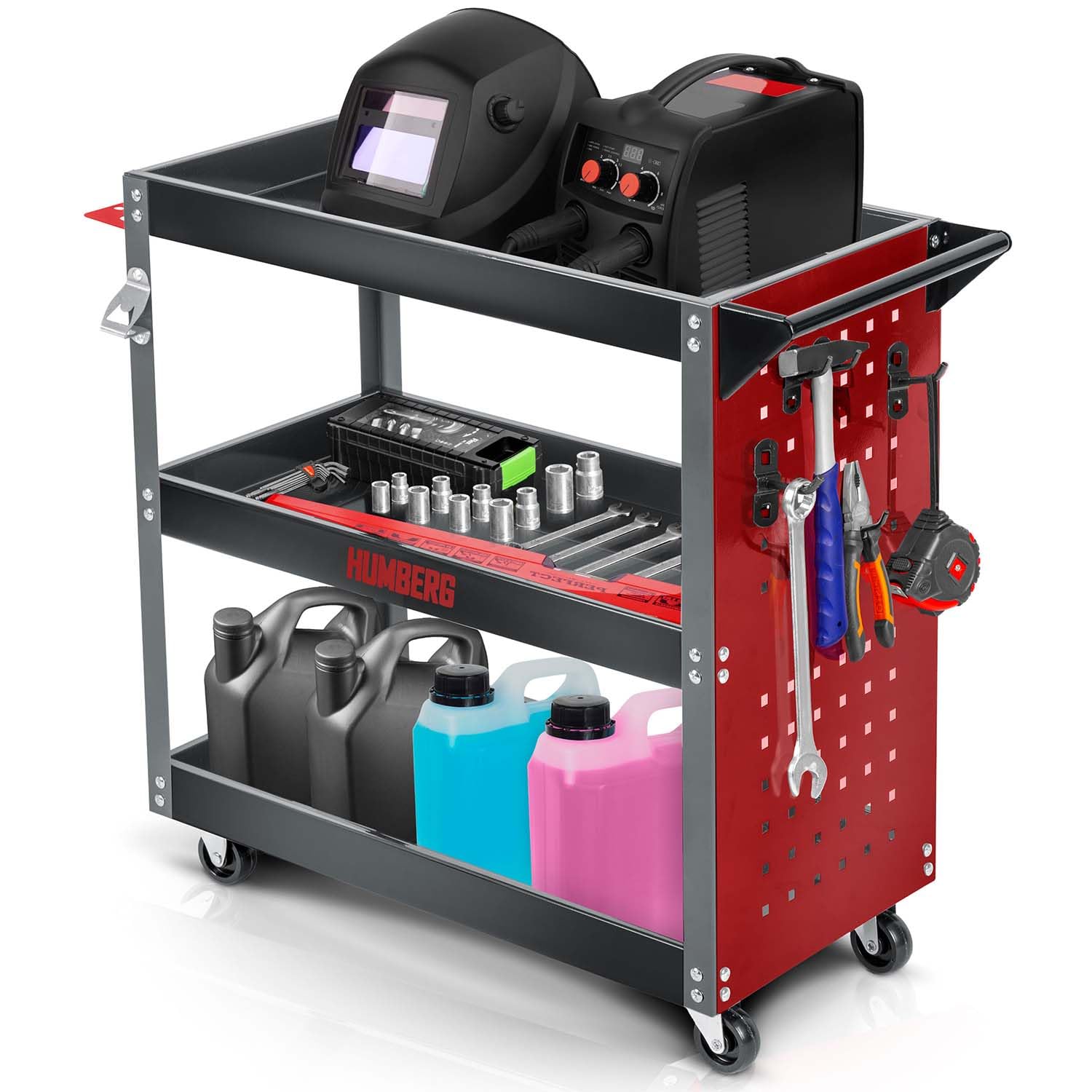 Humberg Carrello portautensili – 3 livelli con 6 ganci – portata fino a 300 kg – acciaio alluminio 80 x 35 x 73 cm