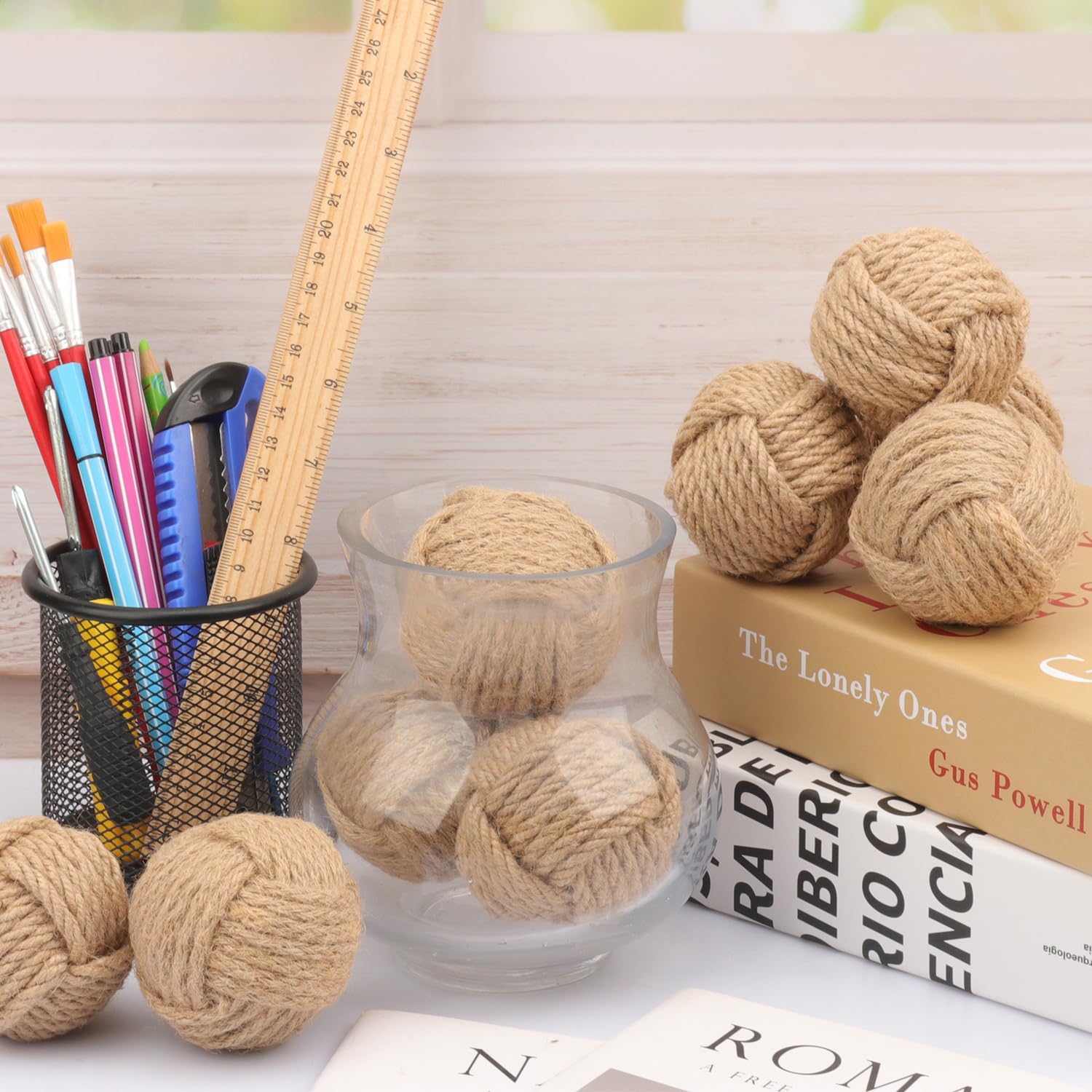14 PCS Decorative Jute Balls for Bowls Fillers, 2.5 inch Rustic Jute Orbs, Nautical Rope Balls for Home Decor, Centerpiece Bowls, Tabletop Décor & Coastal Accents.