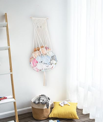 Miniatura 4 de Dahey Red de animales de peluche o hamaca, red de juguetes para colgar en la pared de macramé, almacenamiento de felpa bohemio con borlas,