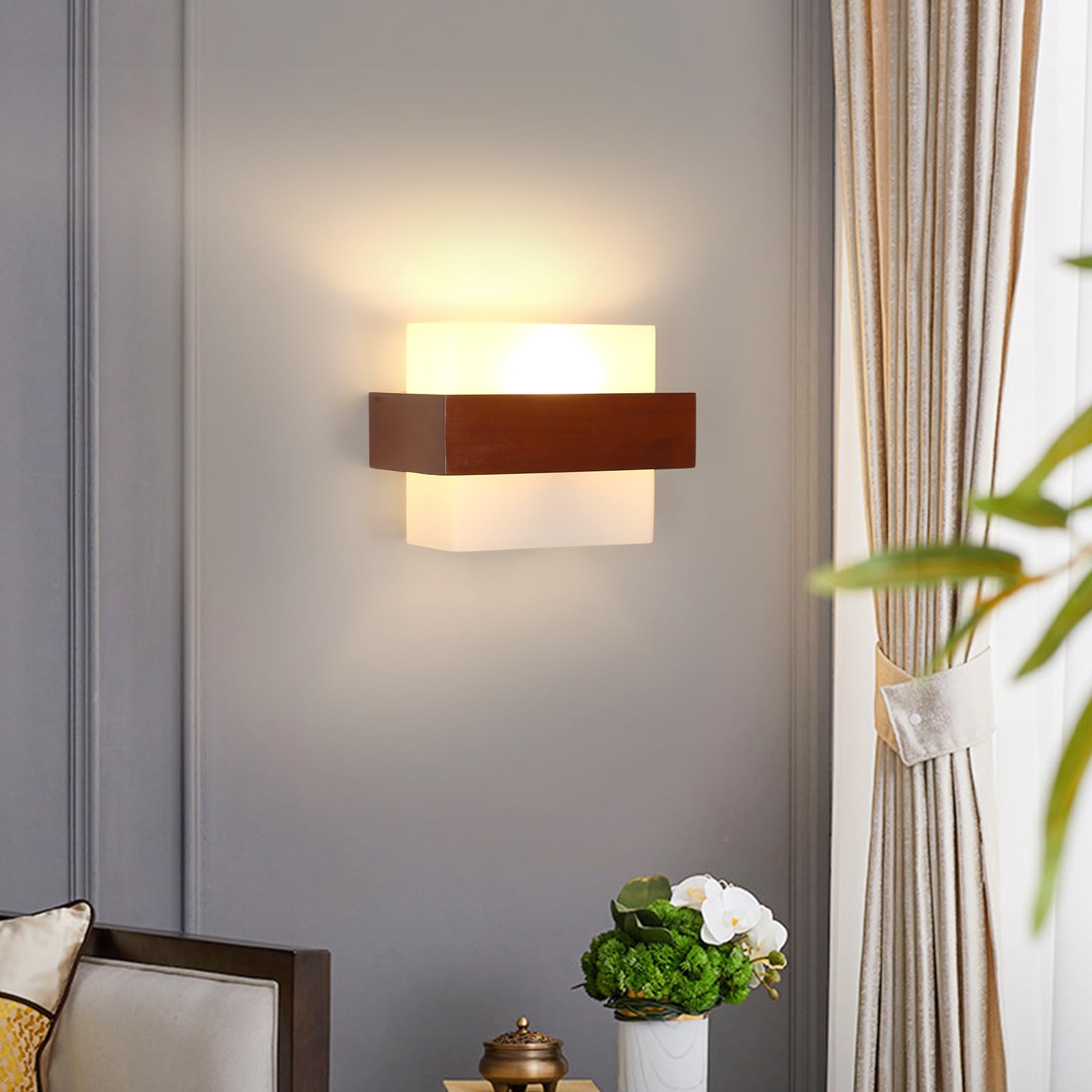 Comely houten wandlamp voor binnen, vintage E27 lamp met glazen kap, moderne verlichting voor woonkamer, slaapkamer, hal, trappen