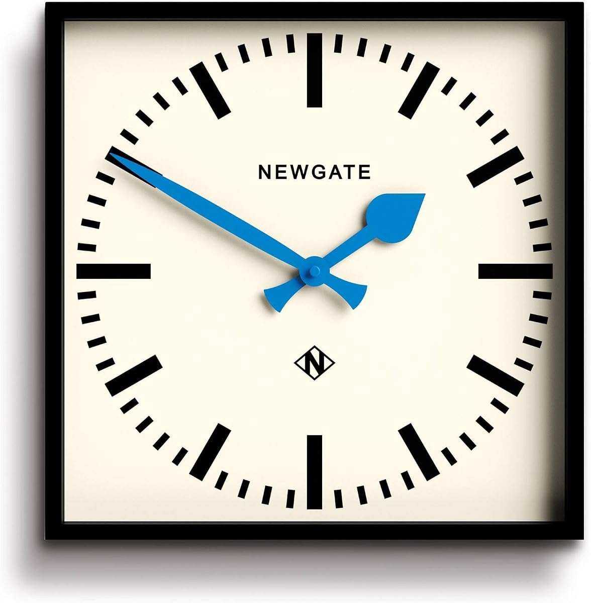 NEWGATE® Number Five wall Clock | Square Retro Inspired Modern Station Clock | 16" | Black with Blue Hands | Mid-Century Style for Kitchen, Living Room or Office