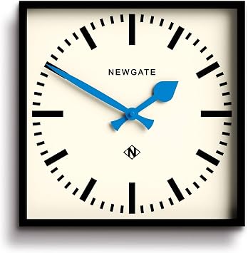 NEWGATE Number Five wall Clock | Square Retro Inspired Modern Station Clock | 13" | Black with Blue Hands | Mid-Century Style for Kitchen, Living Room or Office