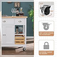 Vista 3 de MFSTUDIO Isla de cocina rodante sobre ruedas, carrito de cocina móvil de 47 pulgadas con estantes abiertos, mesa de madera de caucho, cajones, islas