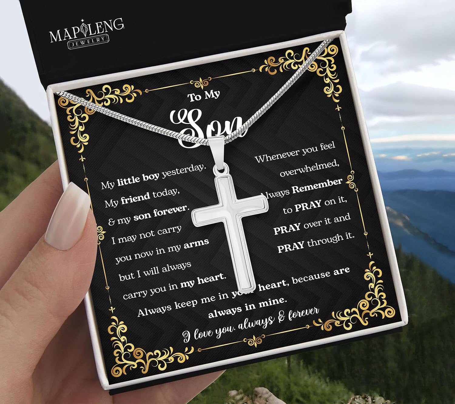 To My Son Cross Chain Necklace From Mom And Dad With Message Card And Gift Box, Son Gifts From Mom, Birthday Gift For Graduation, Wedding, Christmas Faith Cross Necklace Present