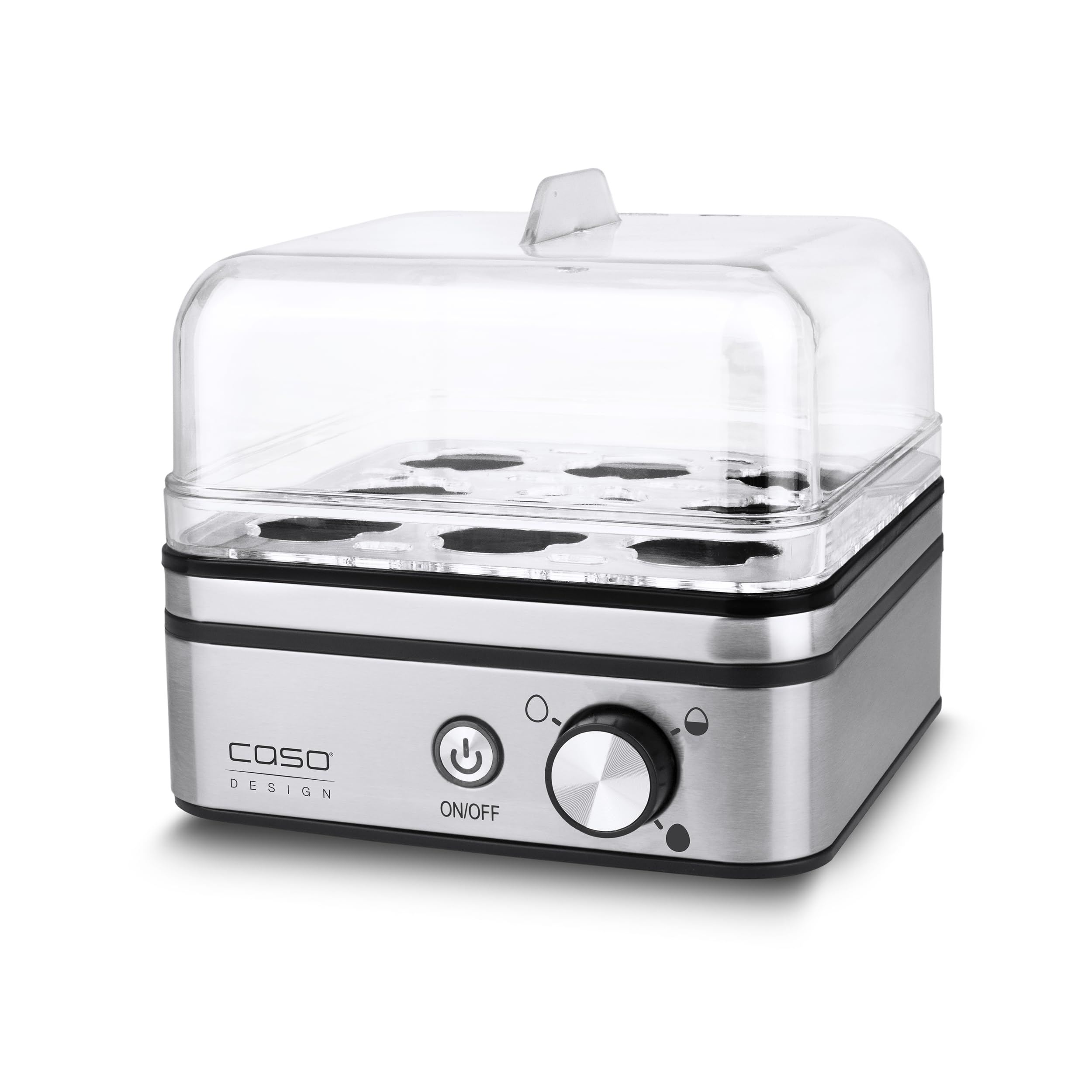 CASO E 9 - Cuisinier d'œufs design, cuiseur d'œufs électronique pour jusqu'à 8 œufs, support d'œufs amovible, signal acoustique, sans BPA, avec verre doseur et pic à œufs et deux coquilles à pocher