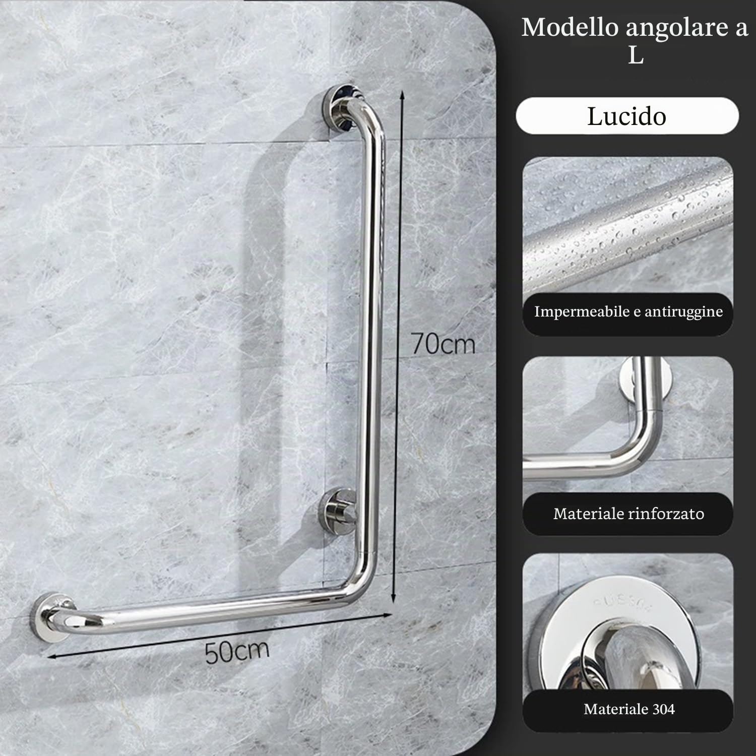 Maniglioni Per Disabili,Maniglione Da Bagno,Tipo l 70x50 Cm Maniglione Bagno Disabili Maniglia Doccia,Carico Massimo 200 Kg,Adatto a Donne In Gravidanza, Anziani e Disabili (Lucido, Lato Destro)