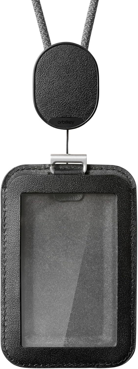 Orbitkey ID Card Holder Pro | Made with LWG-Certified Top Grain Leather and Durable Dyneema Cord | Holds 1 Access Card & 2 RFID Cards | Interchangeable Orientation | (with Lanyard, Black)