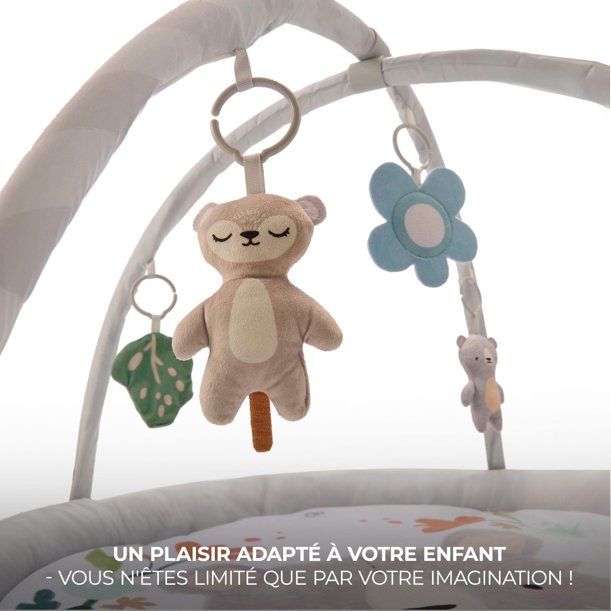 Kinderkraft COZYPLAY Tapis d'Éveil pour Bébé, avec Jouets d'activation, Tapis en Peluche, Lavable en Machine, Facile à Ranger, 2 Arceaux Souples, Gris