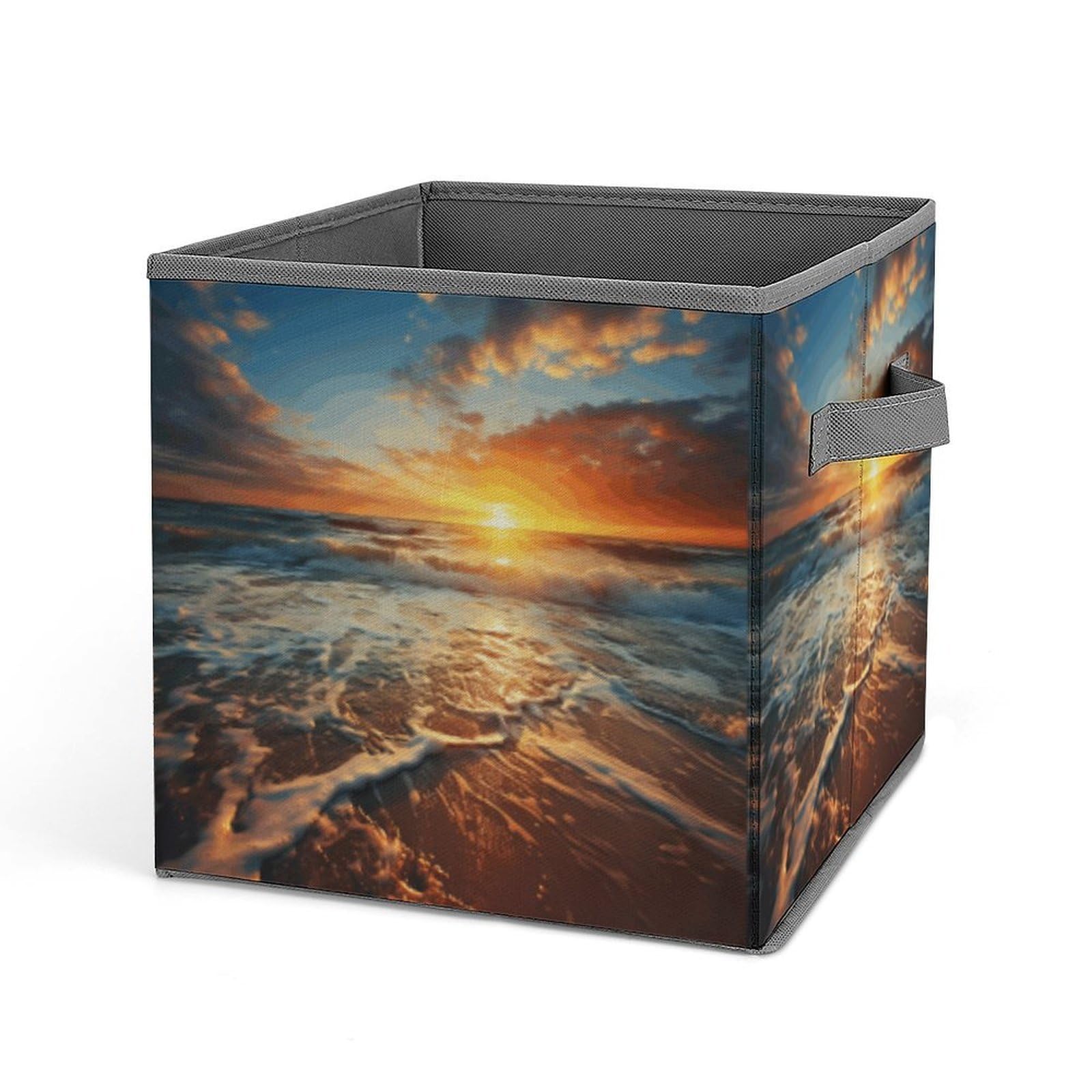 Ocean Sunrise Storage Baskets Collapsible, Exquisite Pattern Cube Box, Canvas Fabric Storage Bins with Handles, Clothe Organizer Box for Home Decorative Office Bedroom