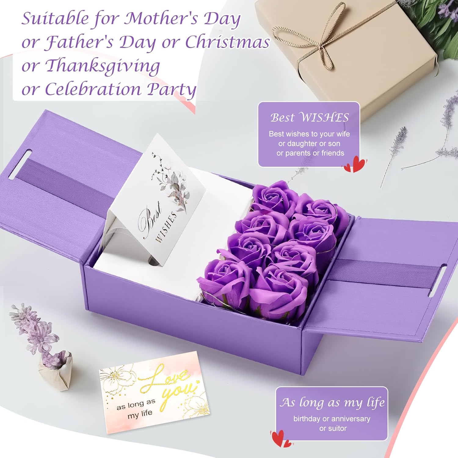 Resholder Money Pull Box for Cash Gift Graduation Money Pull out Gifts with 8 Rose 2 Greeting Card 1 Light String for Teacher Husband Wife Birthday Anniversary Christmas(Purple)