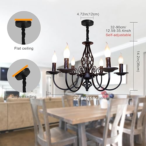 Miniatura 21 de Jaycomey Candelabro de vela de granja para comedor, 6 luces rústicas industriales, lámpara colgante de techo, lámpara colgante negra vintage