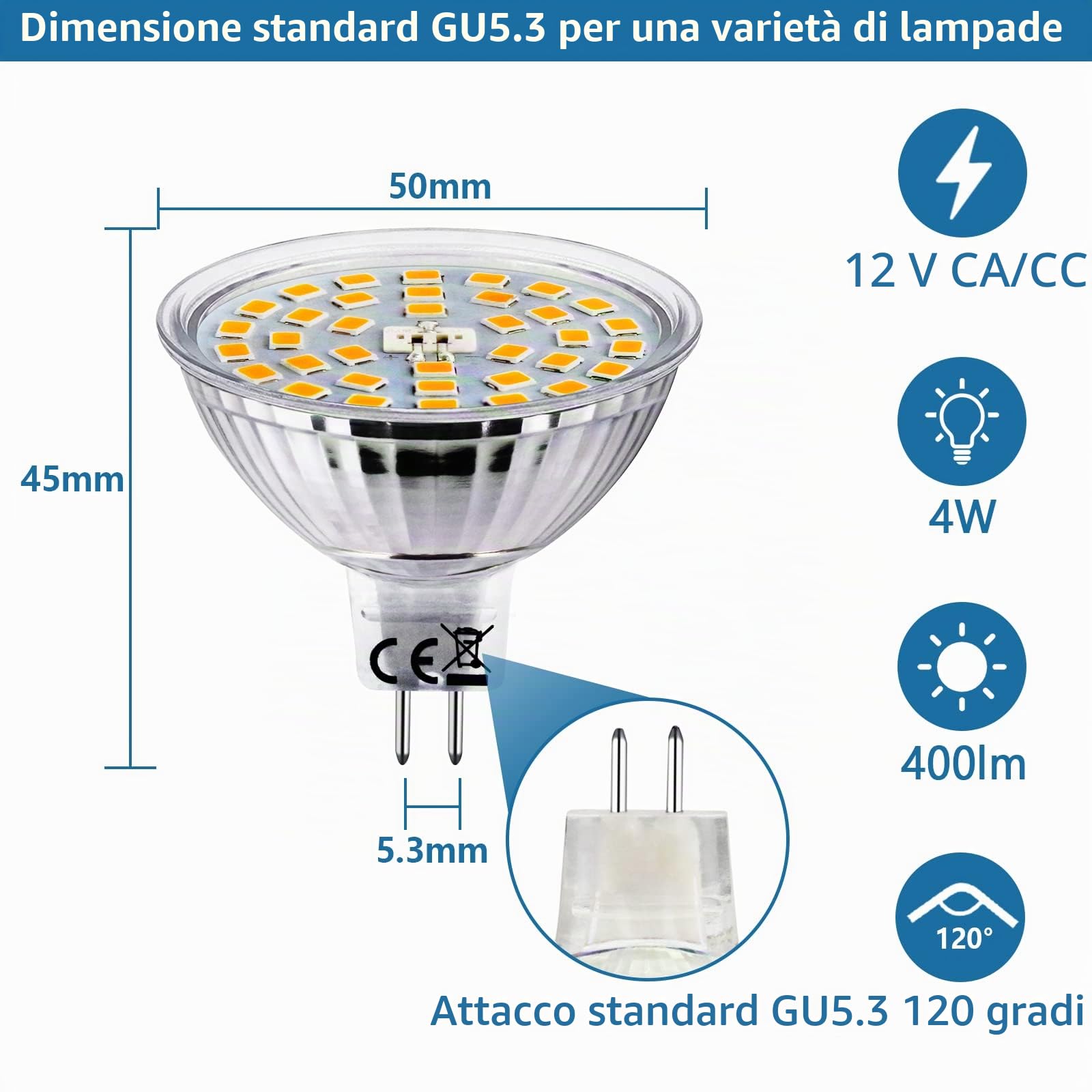 HiBay Lampadina LED GU5.3 MR16 12V,4W Equivalente a 35W Alogena,400LM Luce Bianco Calda 3000K,220V,Lampadine Faretto LED GU5.3 per Plafoniera Spot Lampada Sostituiscono,Non Dimmerabile Set di 10