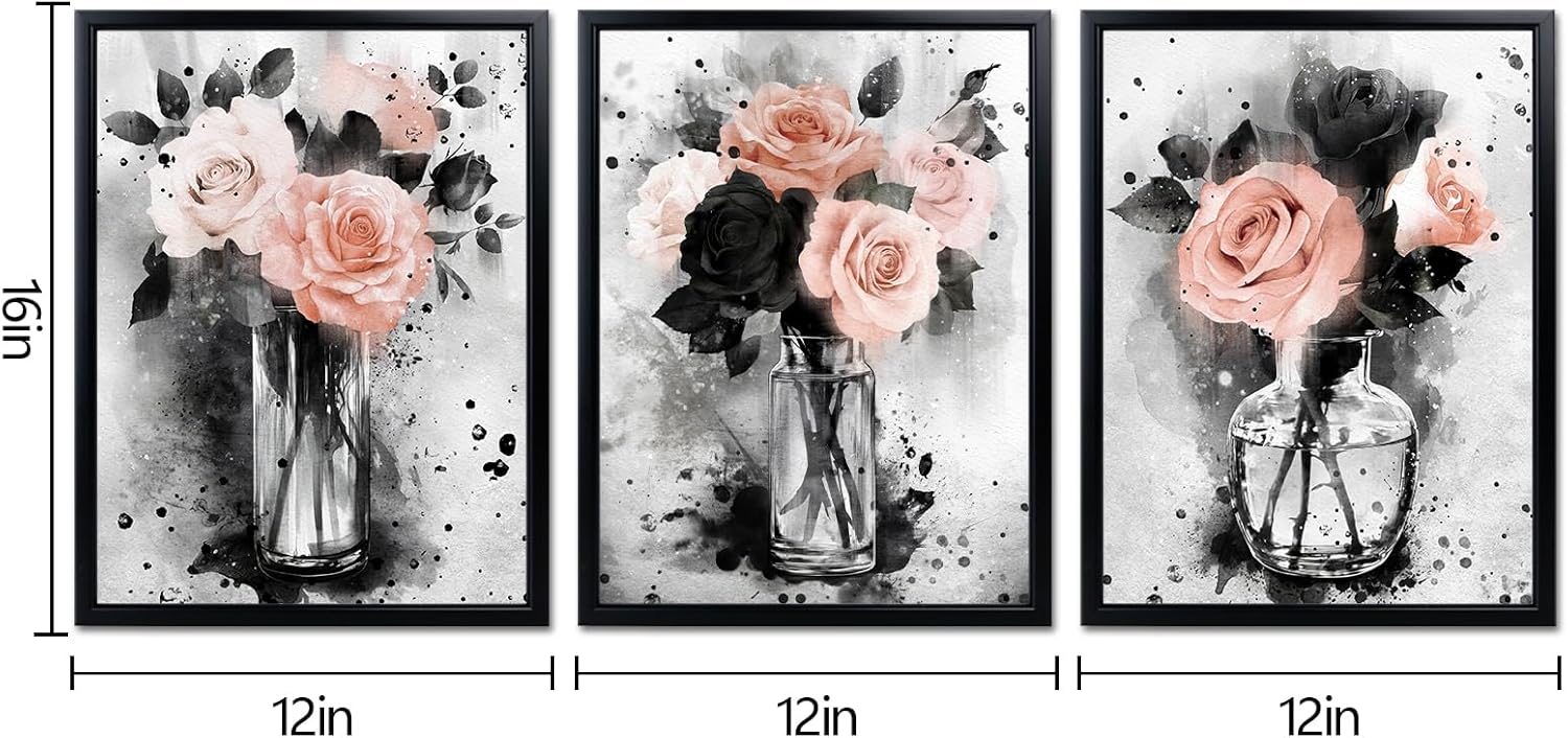 Visual Art Decor Flower Painting Floral Pictures Canvas Print, Woman Girls Bathroom Decor Bedroom Wall Decor Framed 12x16inchx3Pieces, Black Frame (Orange)