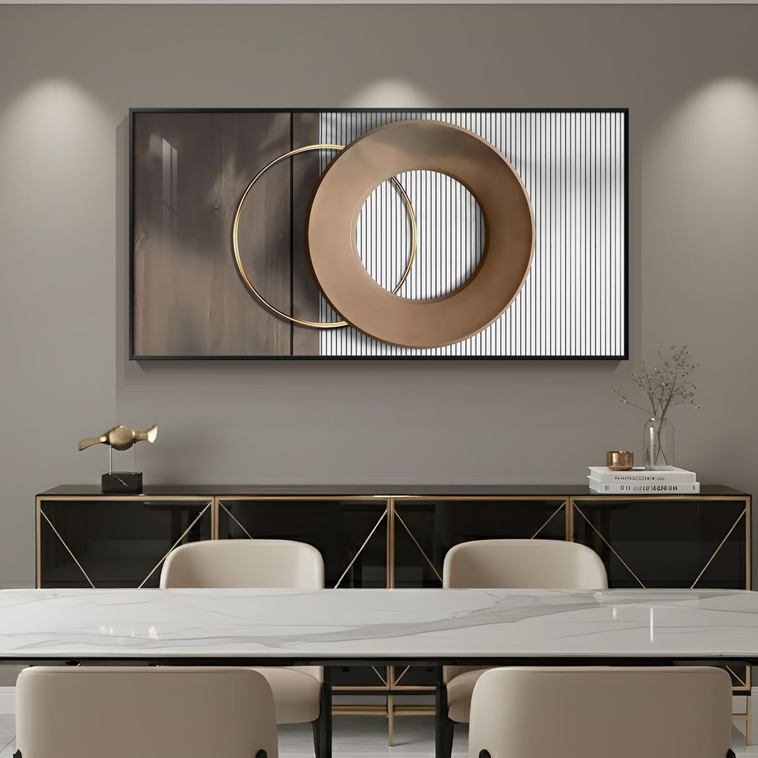 Large Horizontal Modern Wall Art for Bedroom, Framed Neutral Picture Prints, Minimalist White Brown Circle Geometric Painting Artwork Decor for Living Room Dining Room Hallway Office 28x57 Inch