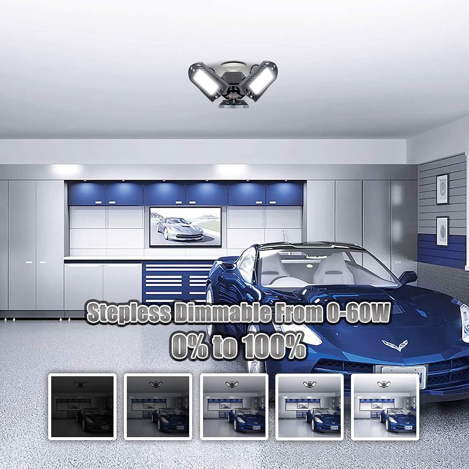 Remote Control Garage Light, Dimmable & Light Colors Adjustable, Intelligent Deformable Garage Lights Ceiling LED 60W 6000lm for Storage, Basement, Workshop, Barn