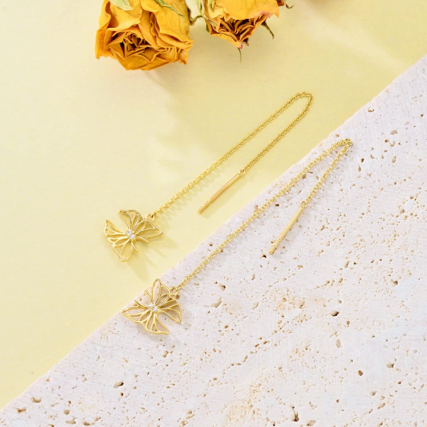 14K Gold Butterfly Threader Earrings for Women Chain Pull Through Earrings Minimalist Elegant Thread Earring Set for Her - Image 5
