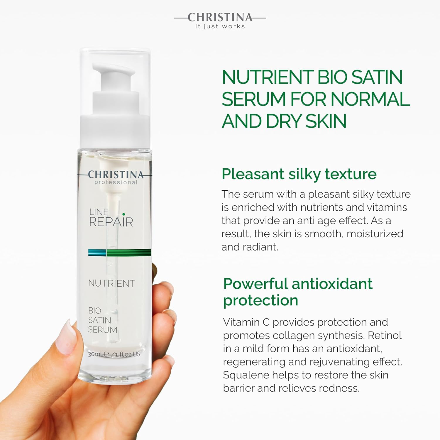 Cristina Nutrient Bio Satin Face Serum - 30 ml - Squalane, Vitamin A and Vitamin C Serum for Face for Even, Radiant Glow and Firmer Complexion - For Dry, Normal and Sensitive Skin - Image 2