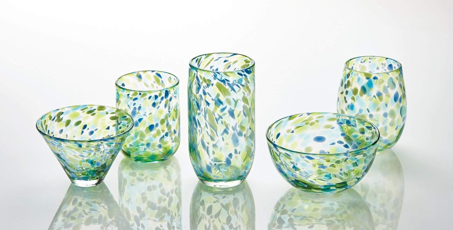 tag 16 oz. Confetti Glass Stemless Wine Drinkware Green And Blue Dishwasher Safe Beverage Glassware Dinner Party Wedding Stemless Wine Glass Green