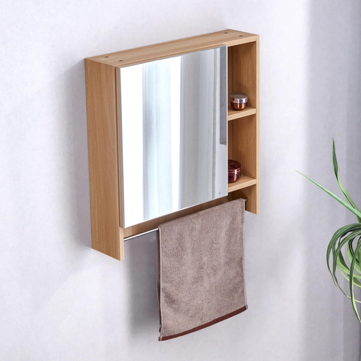 Space-Saving 2-in-1 Mirror Cabinet with Multiple Storage Compartments, High-Definition Distortion-Free Mirror, Towel Rack, Easy Assembly and Installation for Bathroom, Kitchen, Entryway (Natural)