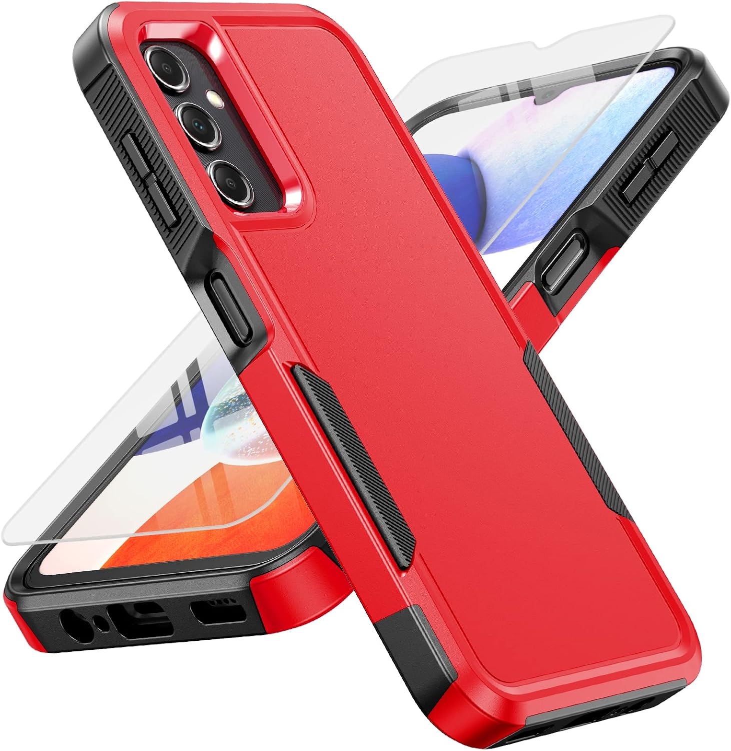FNTCASE for Samsung Galaxy A14 5G Case: Dual Layer Protective Heavy Duty Cell Phone Cover Shockproof Rugged with Non Slip Textured - Military Protection Bumper Tough - 2023, 6.6inch (Black Red)