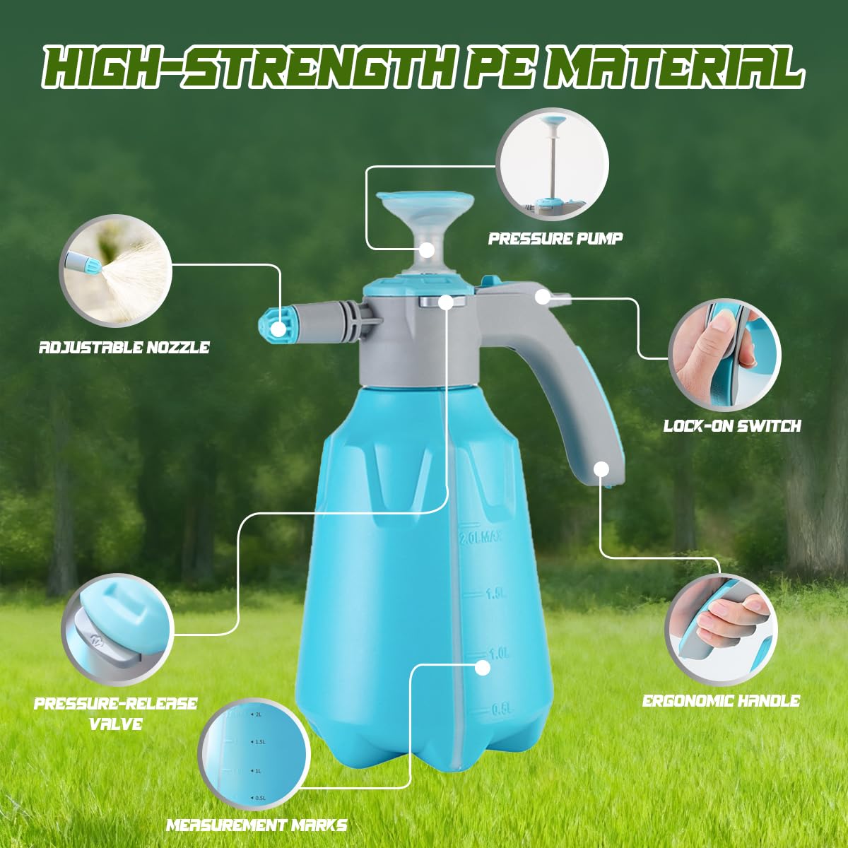 Drucksprüher,2L Sprühflasche Pflanzen mit Verstellbarem Düsenkopf,Tragbare Pumpsprühflasche zum Sprühen von Wasser,Dünger,Herbiziden,Pestiziden,Reinigungsmitteln