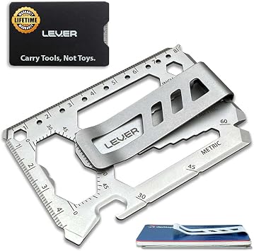 Lever Gear Toolcard Pro with Money Clip - 40 in 1 Credit Card Multitool. Sleek Minimalist Stainless Steel Wallet Card and Money Clip - Bead Blast Silver
