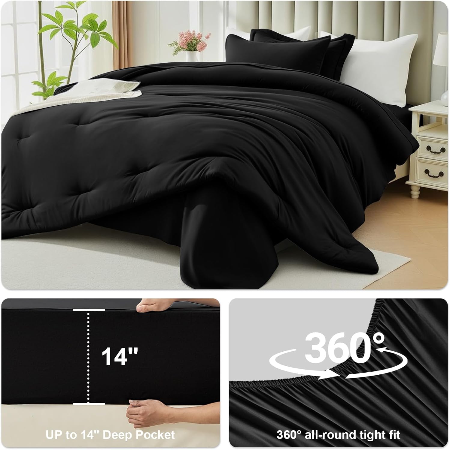 Queen Comforter Set 7 Piece - Black Soft Bed in a Bag Queen Size Comforter Sets, Cozy Luxury Bedding Sets with Down Alternative Comforter, Flat Sheet, Fitted Sheet, 2 Pillowcases & 2 Shams - Image 5