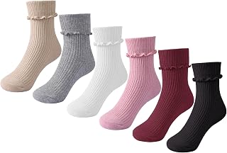 Girls Ruffle Socks Seamless Ripple Edge Turn Cuff Crew Socks for Toddler Kids 6 Pairs