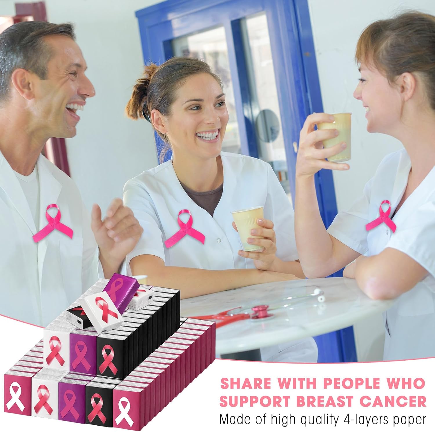 Tenceur 100 Pcs Breast Cancer Awareness Travel Tissue Paper Packs Mini Pink Ribbon Pocket Facial Tissues Bulk 4 Ply Hope Care for Women Girls (Black, White, Purple, Pink)