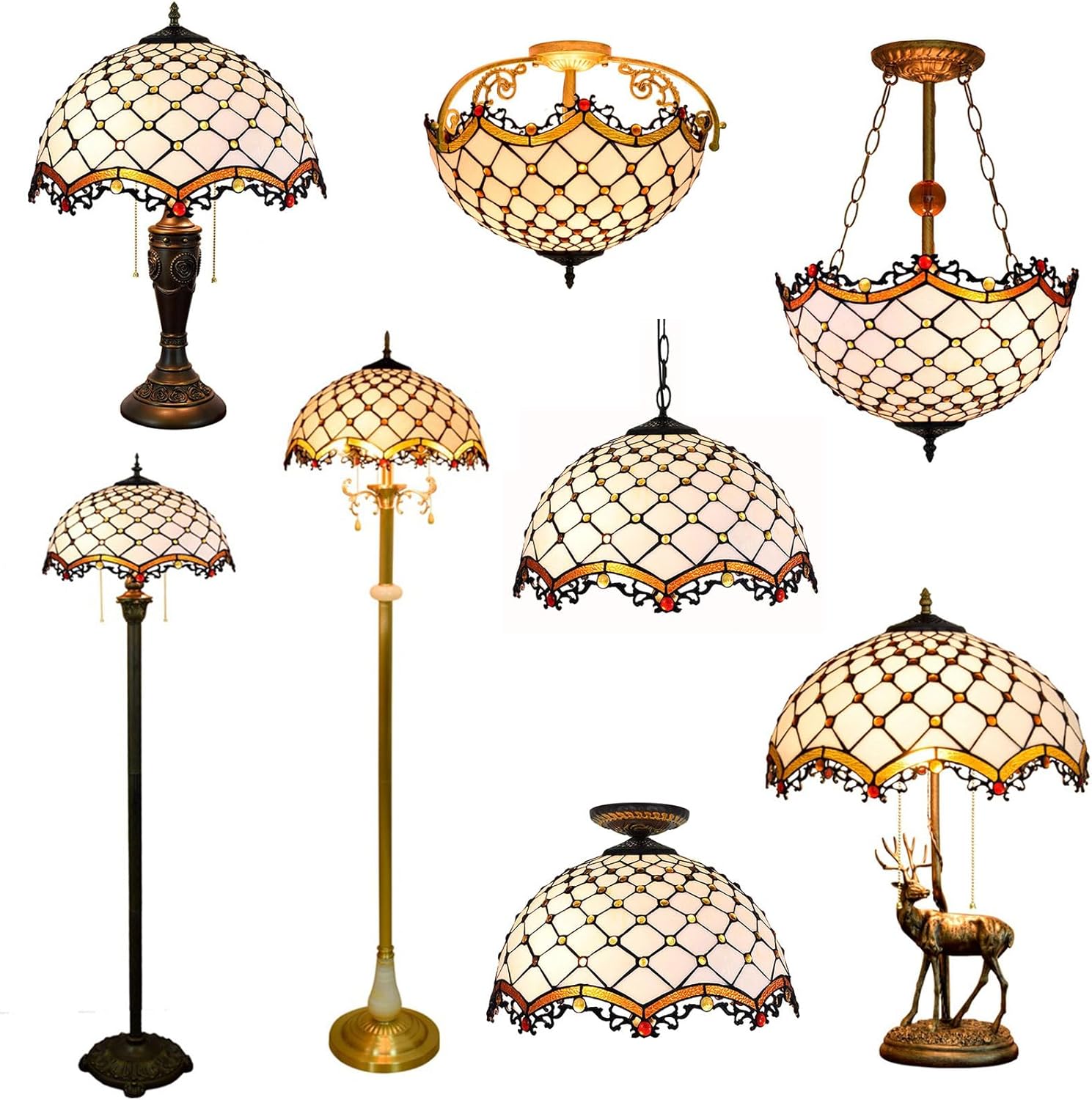 Tiffany Lamp Shade 16" Wide Accessories Replacement Only White Stained Glass Lampshades Vintage Yellow Crystal Glass Beads Light Cover for Table Lamp Floor Lamp Pendant Light Ceiling Fixture