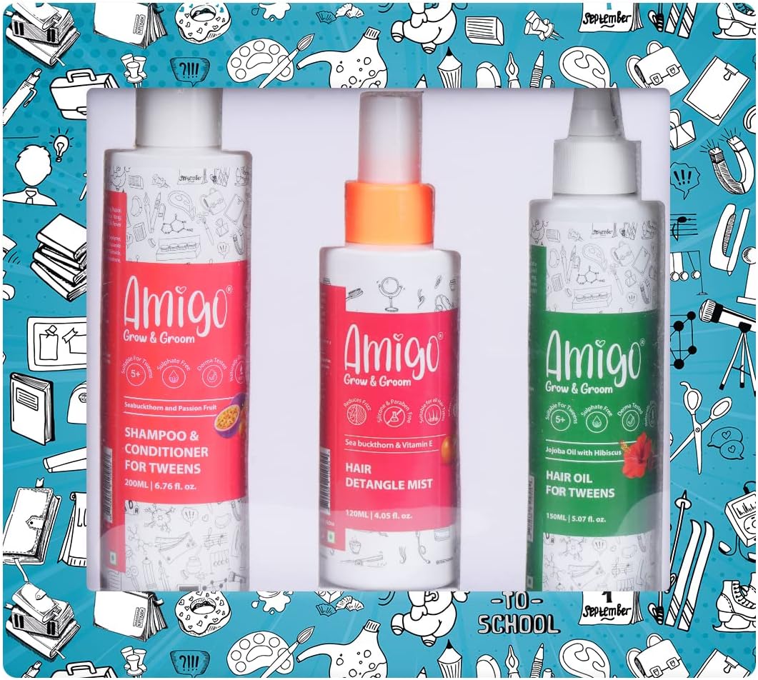 Amigo Hair Essential Kit | Combo of 3 | Amigo Hair Oil - Amigo Passion Fruit shampoo - Amigo Vitamin E Hair Detangler