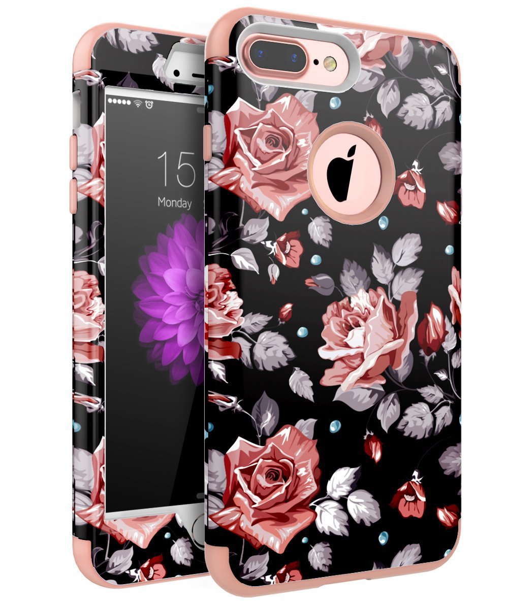 iPhone 7 Plus Case,XIQI Hybrid Heavy Duty Shockproof Impact Defender 3in1 Layer Full-Body Protective Case Cover for iPhone 7 Plus 5.5 inch Case (Black Roses)