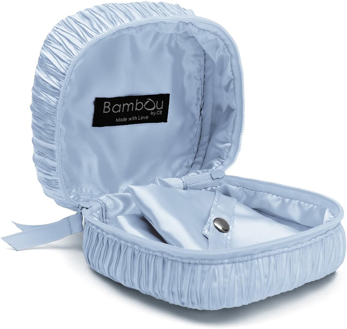 Jewelry Pouch by Bambou, Organizer for handbag purse or travel luggage, Individual compartments for your valuable earrings, rings, necklaces. Hand pleated fabric (Sky)