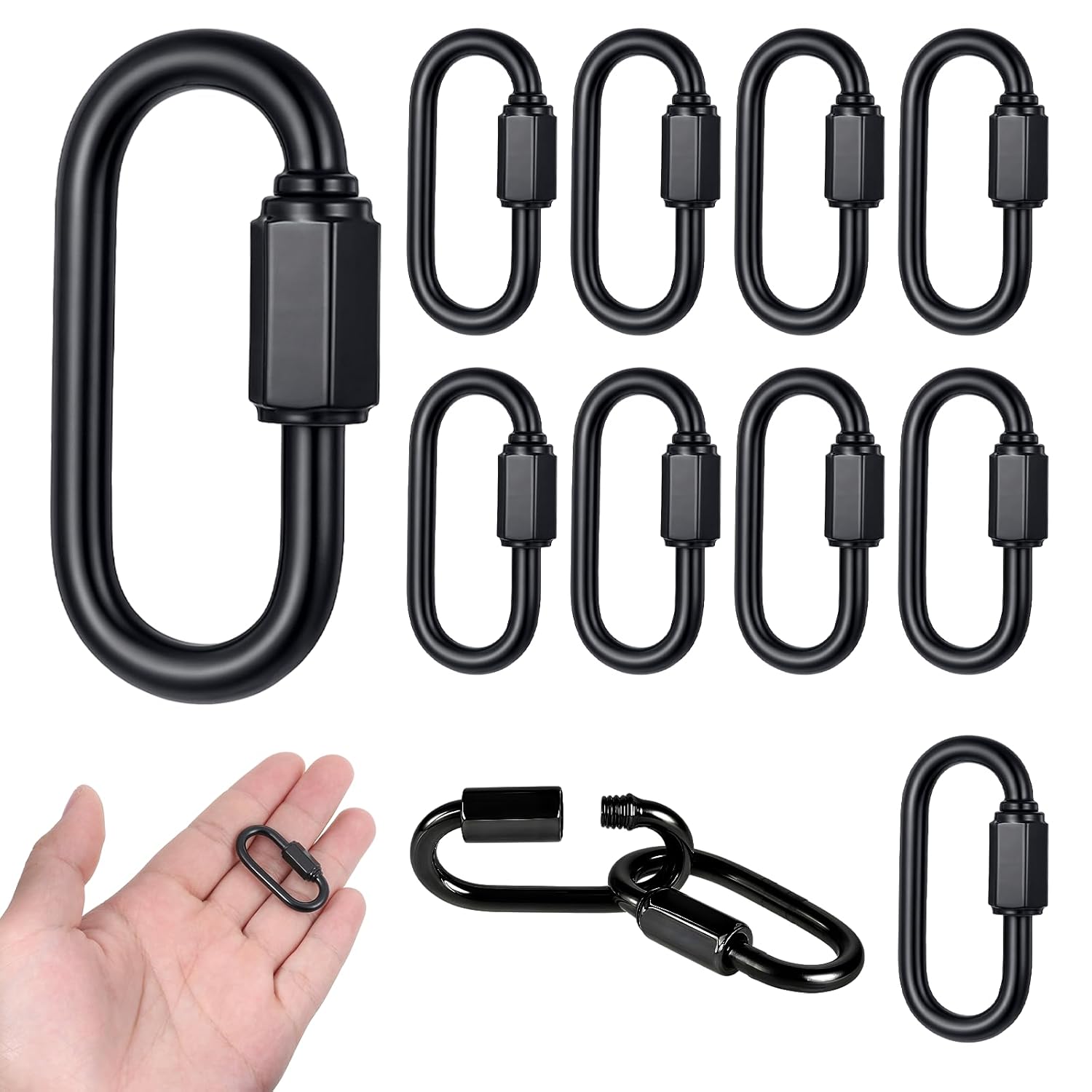 10 Pack Chain Link 304 Stainless Steel M3.5 Chain Quick Link, 1/8 Inch Chain Links, D Shape Locking Chain, Pets Keychain for Outdoor Traveling Equipment, Black