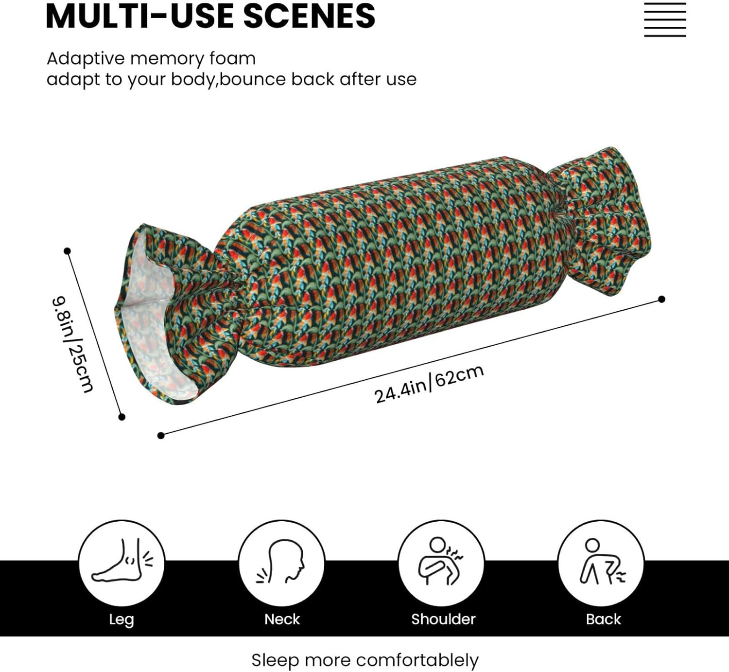 Pretty Koi Fish Print Candy Cylindrical Eco-Friendly Pillow Soft Velvet Living Room Bedroom Travel Decor