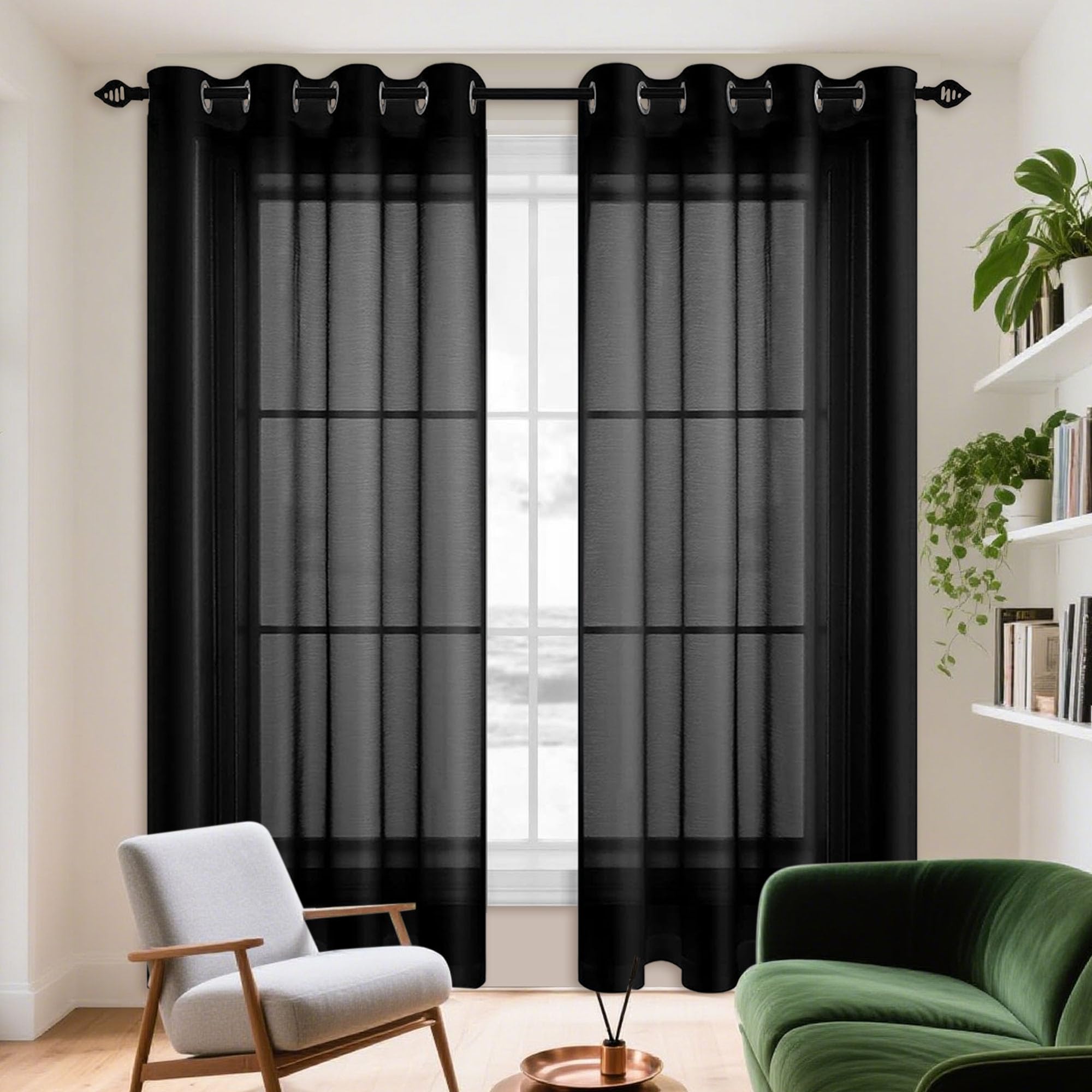 Voilages noir 400x290 cm à oeillets pour grandes fenêtres de salon
