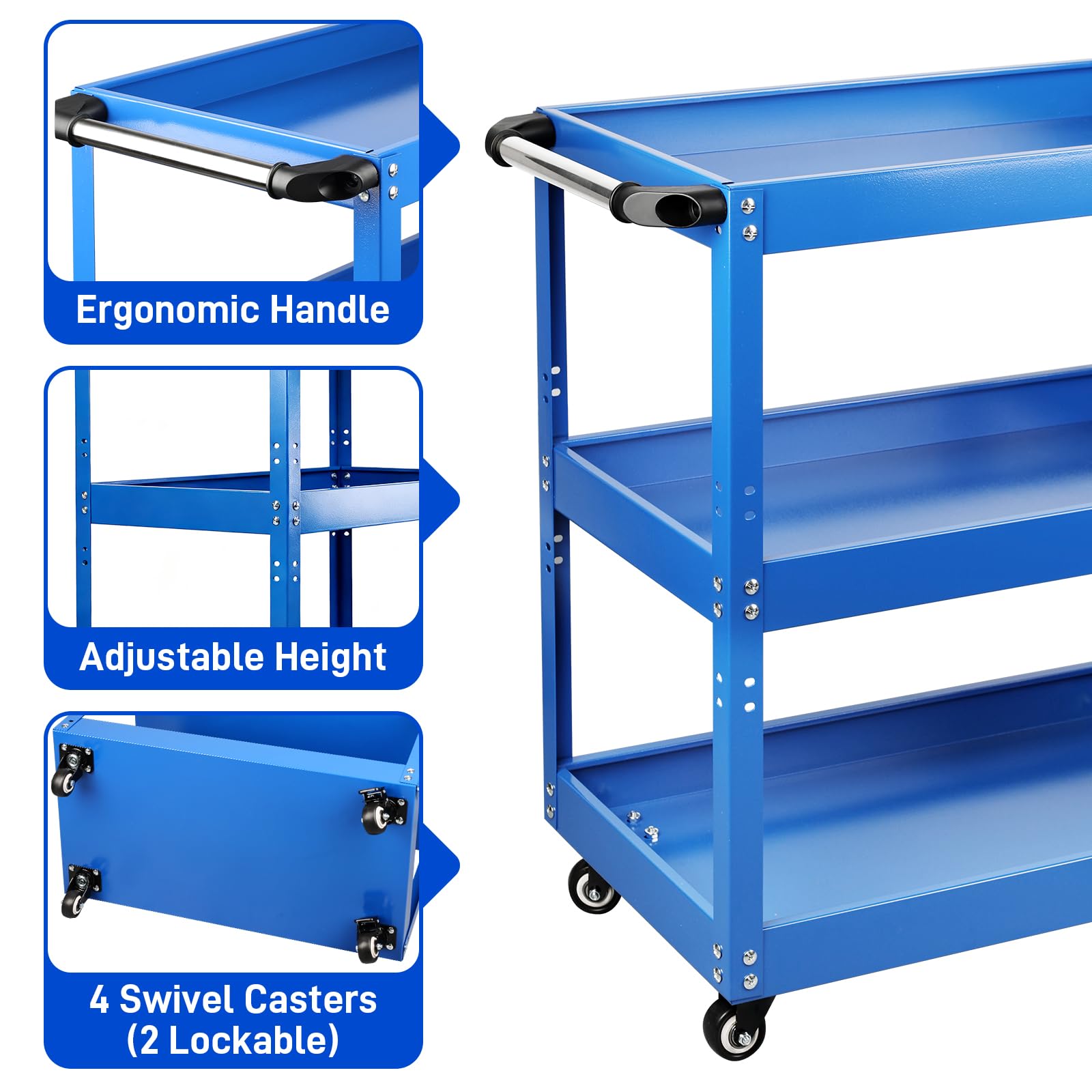 Edelstahl Rollwagen, 3-Etagen Schwerlast Werkstattwagen mit Rollen, Multifunktionaler Materialwagen, 66×35,5×72 cm Kommissionierwagen, Vielzweckwagen für Garage und Werkstatt, Blau,250 kg Gesamt