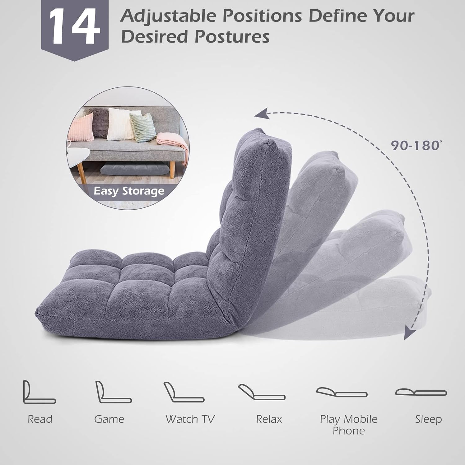 14-Position Floor Chair, Adjustable Folding Gaming Lazy Sofa With Cushion, Meditation Back Support for Reading, Bedroom, Living Room - Adults and Kids (Grey)