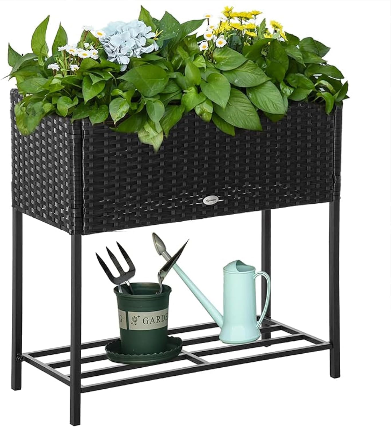 Outsunny Raised Garden Bed, Elevated Planter Box with Rattan Wicker Look, Tool Storage Shelf, Portable Design for Herbs, Vegetables, Flowers, Black
