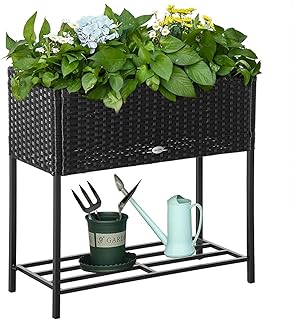 Outsunny Raised Garden Bed, Elevated Planter Box with Rattan Wicker Look, Tool Storage Shelf, Portable Design for Herbs, Vegetables, Flowers, Black