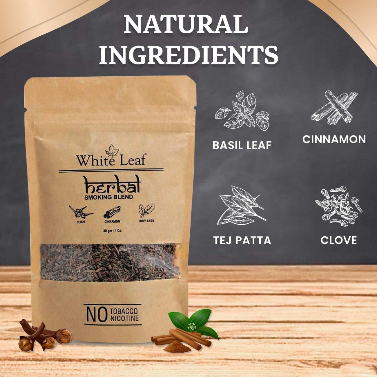 White Leaf Tobacco & Nicotine Free Smoking Mixture with 100% Natural Herbal Smoking Blend 1 Pack (1 Oz/ 30G) with Wooden Pipe