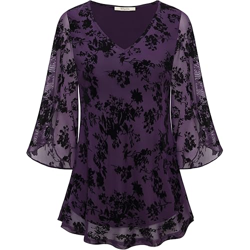 Bebonnie Womens Ruffle 3/4 Sleeve V Neck Double Layers Mesh Blouses Loose Fit Flowy Tunic Tops